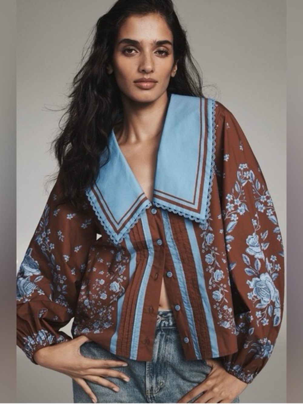 Farm Rio X Anthropologie Extreme Collar Blouse Size S Brown Blue Floral NWT $178